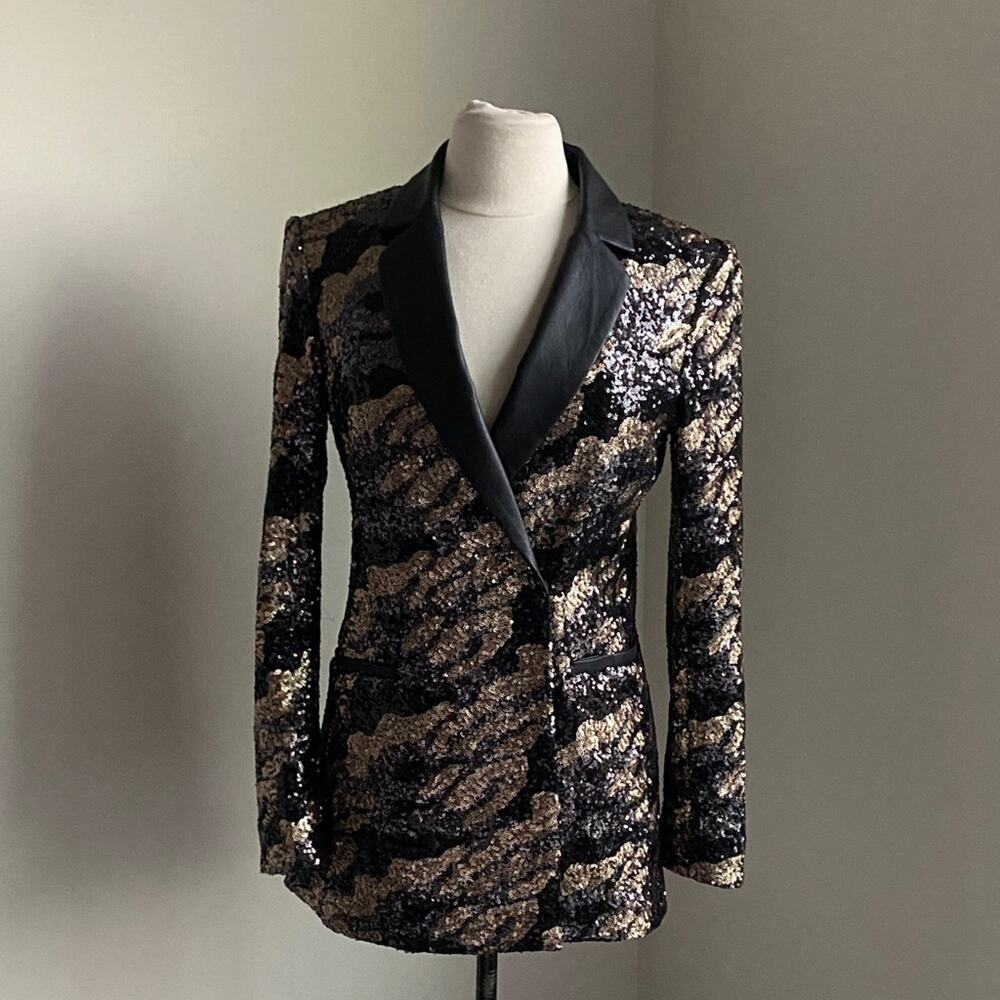 BCBGMAXAZRIA Sequin Black and Gold Tuxedo Blazer Womens Sz Small